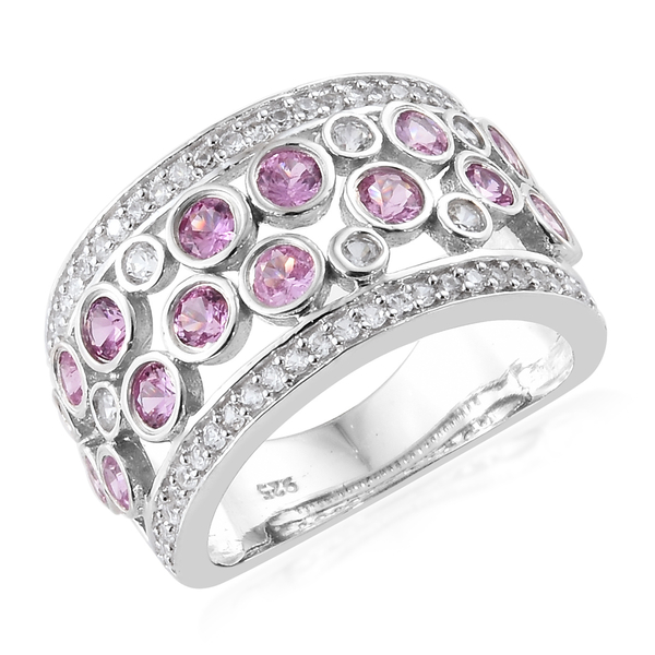 2.35 Ct Pink Sapphire and Zircon Cluster Ring in Platinum Plated Sterling Silver 5.74 Grams