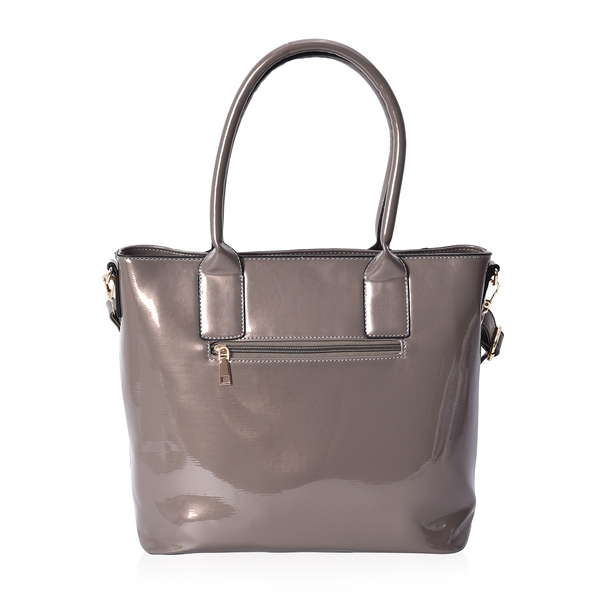 Silver Colour Tote Bag with Detachable Shoulder Strap and External Zipper Pocket (Size 39x29.5x13 Cm)