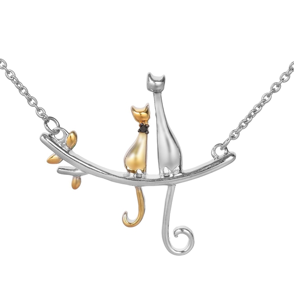 Black Diamond Cat Sitting on Branch Necklace (Size 18) in Platinum and Yellow Gold Overlay Sterling Silver, Silver wt. 6.00 Gms.