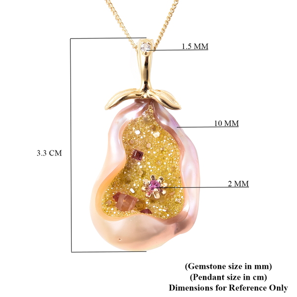 Galatea Pearl - Lab Created DIamond, Mozambique Garnet, Freshwater Pearl and Multi Gemstone Pendant with Chain (Size 18) in Yellow Gold Overlay Sterling Silver