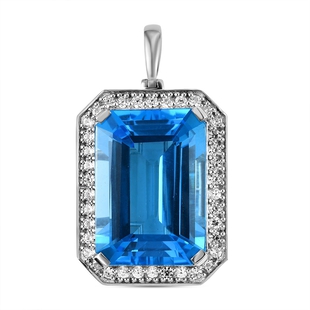 Electric Blue Topaz ,  White Zircon  Solitaire Pendant in Platinum Overlay Sterling Silver 45.55 ct,