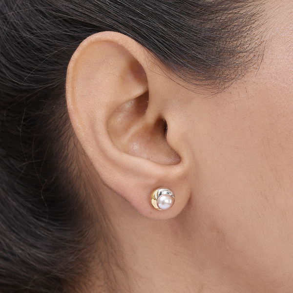 Pink Freshwater Pearl Solitaire Stud Earrings (with Push Back) in Tricolour Gold Overlay Sterling Silver