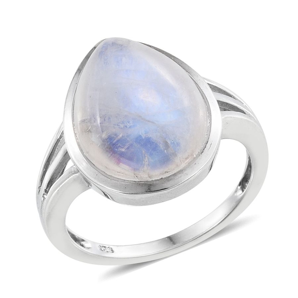 Natural Rainbow Moonstone (Pear) Solitaire Ring in Platinum Overlay Sterling Silver 9.250 Ct.