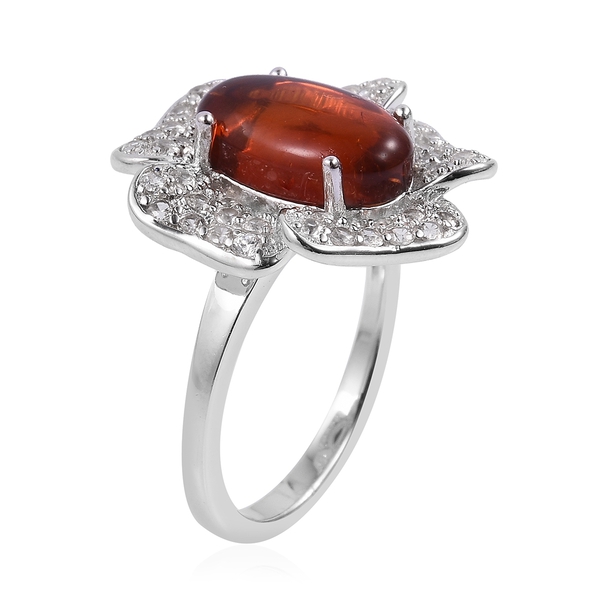 Baltic Amber (Ovl 1.25 Ct), Natural White Cambodian Zircon Flower Ring in Rhodium Plated Sterling Silver 2.500 Ct.