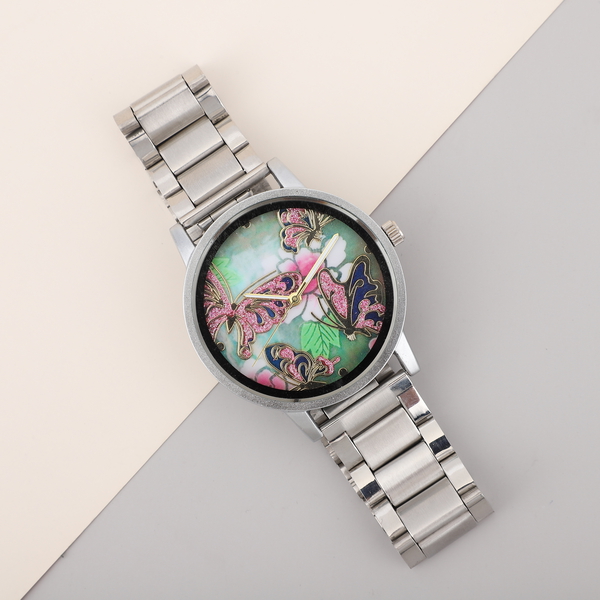 STRADA Japanese Movement Butterfly Pattern Dial Water Resistant Watch with Silver Colour Chain Strap