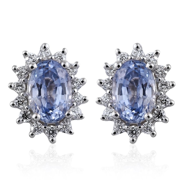 ILIANA 18K White Gold AAA Ceylon Blue Sapphire (Ovl), Diamond (SI-G-H) Stud Earrings (with Screw Bac