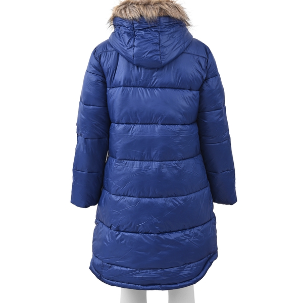 Limited Available-  Ladies Long  Puffer Jacket with Faux Fur Trim Hood and Two Pockets (Size XL , 16-18) - Navy