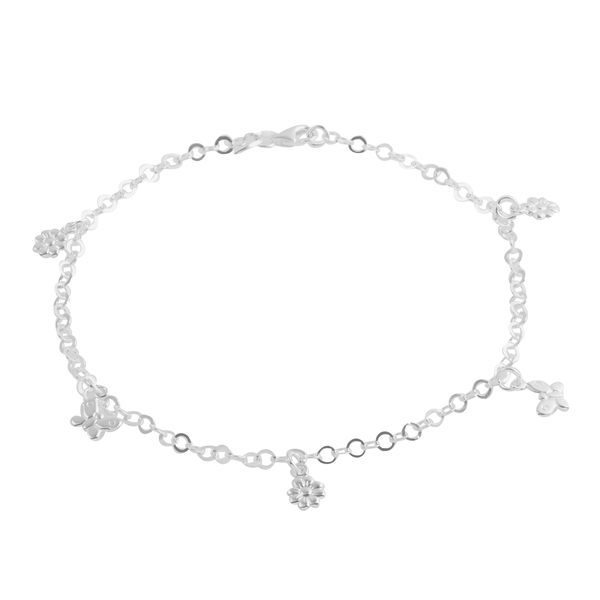 Close Out Deal Sterling Silver Floral and Butterfly Charm Anklet (size 10), Silver wt 4.50 Gms.