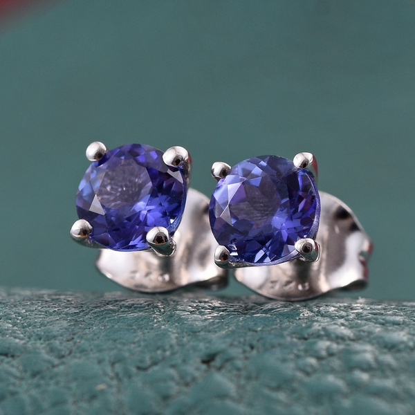 Tanzanite (Rnd) Stud Earrings (with Push Back) in Platinum Overlay Sterling Silver 0.900 Ct.