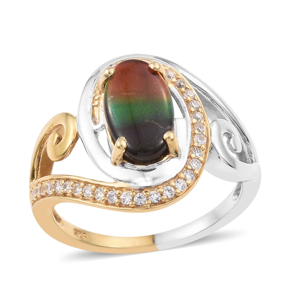 AA Canadian Ammolite (Ovl 12x7mm), Natural Cambodian Zircon Ring in Platinum and Yellow Gold Overlay