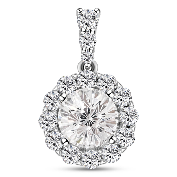 ELANZA Halo Simulated Diamond Pendant in Rhodium Plated Sterling Silver ...