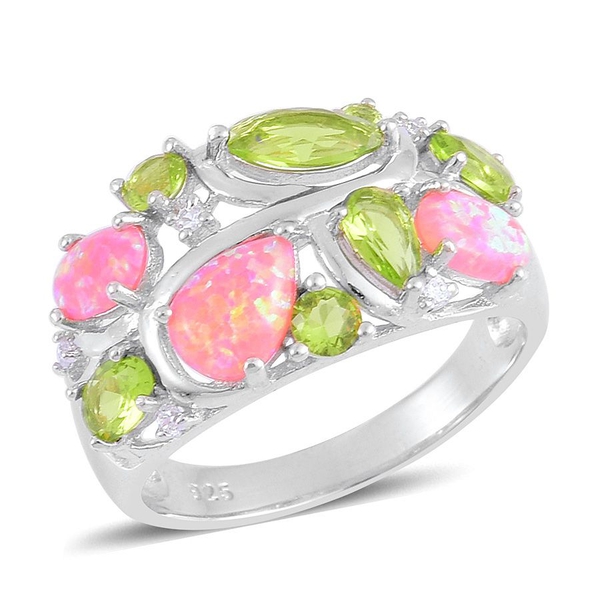 Enhanced Simulated Pink Opal, Simulated Peridot and Simulated White Diamond Ring in Sterling Silver