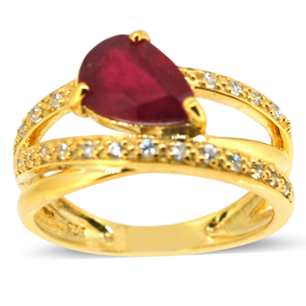 African Ruby (Pear 2.50 Ct), Natural Cambodian White Zircon Ring in 14K Gold Overlay Sterling Silver