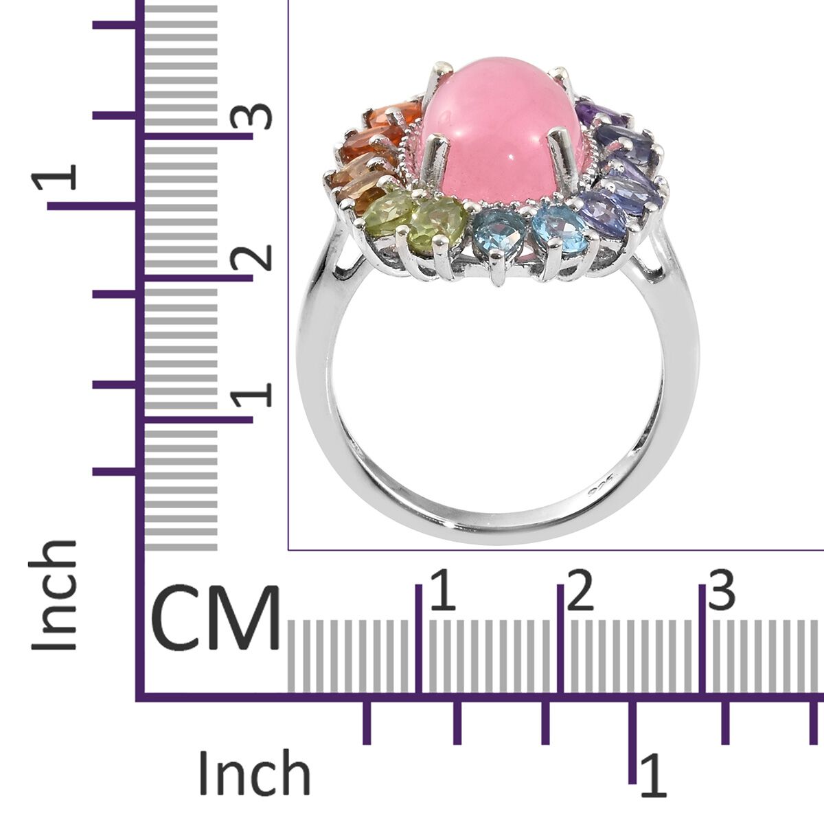 Pink Jade (Ovl 7.45 Ct),Tanzanite, Hebei Peridot, Blue Topaz, Mozambique Garnet, Amethyst, Citrine and Multi Gemstone Ring in Platinum Overlay Sterling Silver 10.000 Ct. Silver wt. 5.10 Gms.