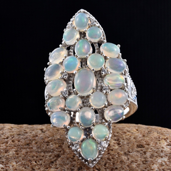 GP Ethiopian Welo Opal (Ovl), Natural Cambodian Zircon and Kanchanaburi Blue Sapphire Cluster Ring in Platinum Overlay Sterling Silver 5.250 Ct. Silver wt 5.78 Gms.