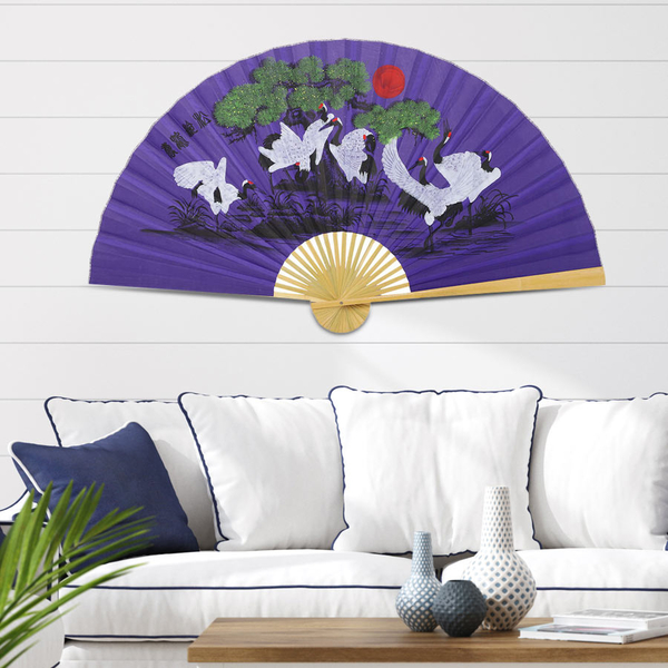 Decorative Purple Bamboo & Cranes Pattern Japanese Style Folding Fan -160 Cm