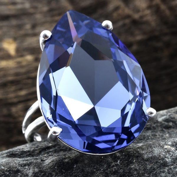 J Francis  - Tanzanite Colour Crystal (Pear 30x20 mm) Ring in Platinum Overlay Sterling Silver, Silver wt 6.12 Gms.