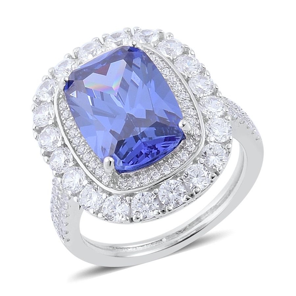ELANZA AAA Simulated Blue Sapphire (Cush), Simulated White Diamond Ring in Rhodium Plated Sterling S
