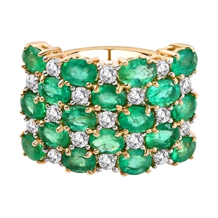 9K Yellow Gold  Boyaca Colombian (3.00 Cts) Emerald and Natural Cambodian Zircon Ring 3.73 Ct.