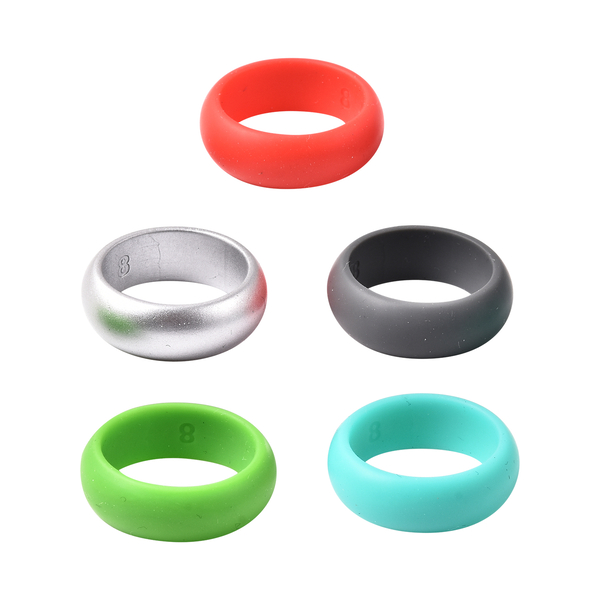 MP Set of 5 -  Silver, Dark Gray, Red, Green and Turquoise Colour Band Ring (Size U)