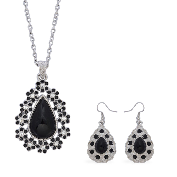 Dyed Black Agate, White Austrian Crystal Enameled Hook Earrings and Pendant in Silver Tone With Stai