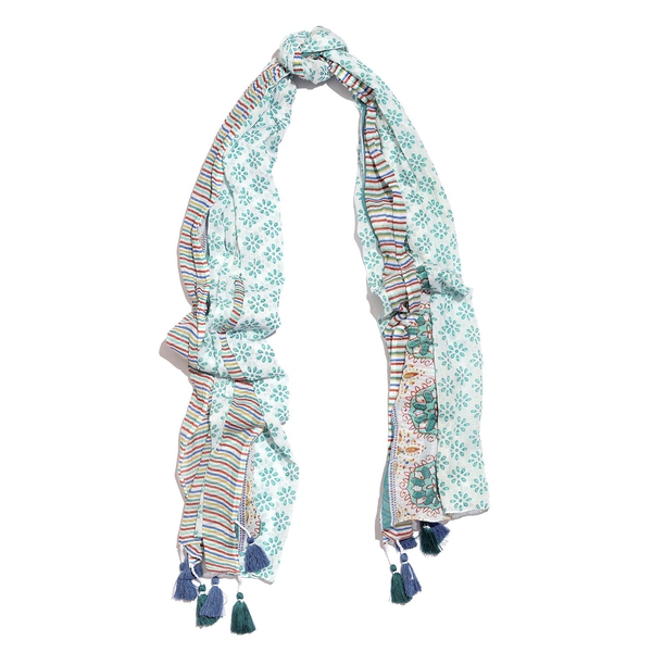 Designer Inspired - 100% Cotton Teal, White and Multi Colour Printed Scarf with Tassels (Size 200x180 Cm)