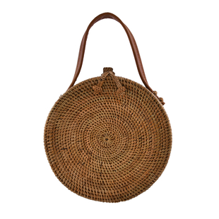 rounded rattan bag with leather strap