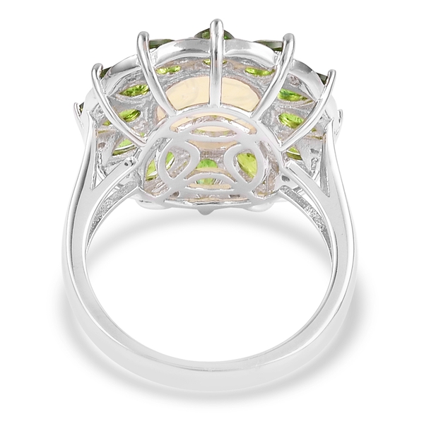 Smiling Face Carved Ethiopian Opal (Ovl 2.25 Ct), Chrome Diopside and Natural White Cambodian Zircon Ring in Rhodium Plated Sterling Silver 4.950 Ct.