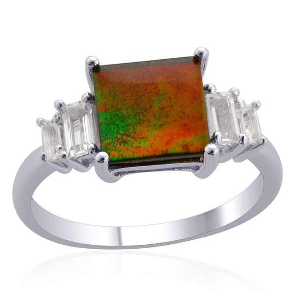 Tucson Collection Canadian Ammolite (Sqr 2.00 Ct), White Topaz Ring in Platinum Overlay Sterling Sil