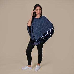  TAMSY Poncho with Sequin Border - Navy & Blue