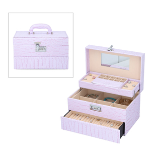 3 Layer Crocodile Skin Pattern Jewellery Box Organiser with Coded Lock and Handle Lavender
