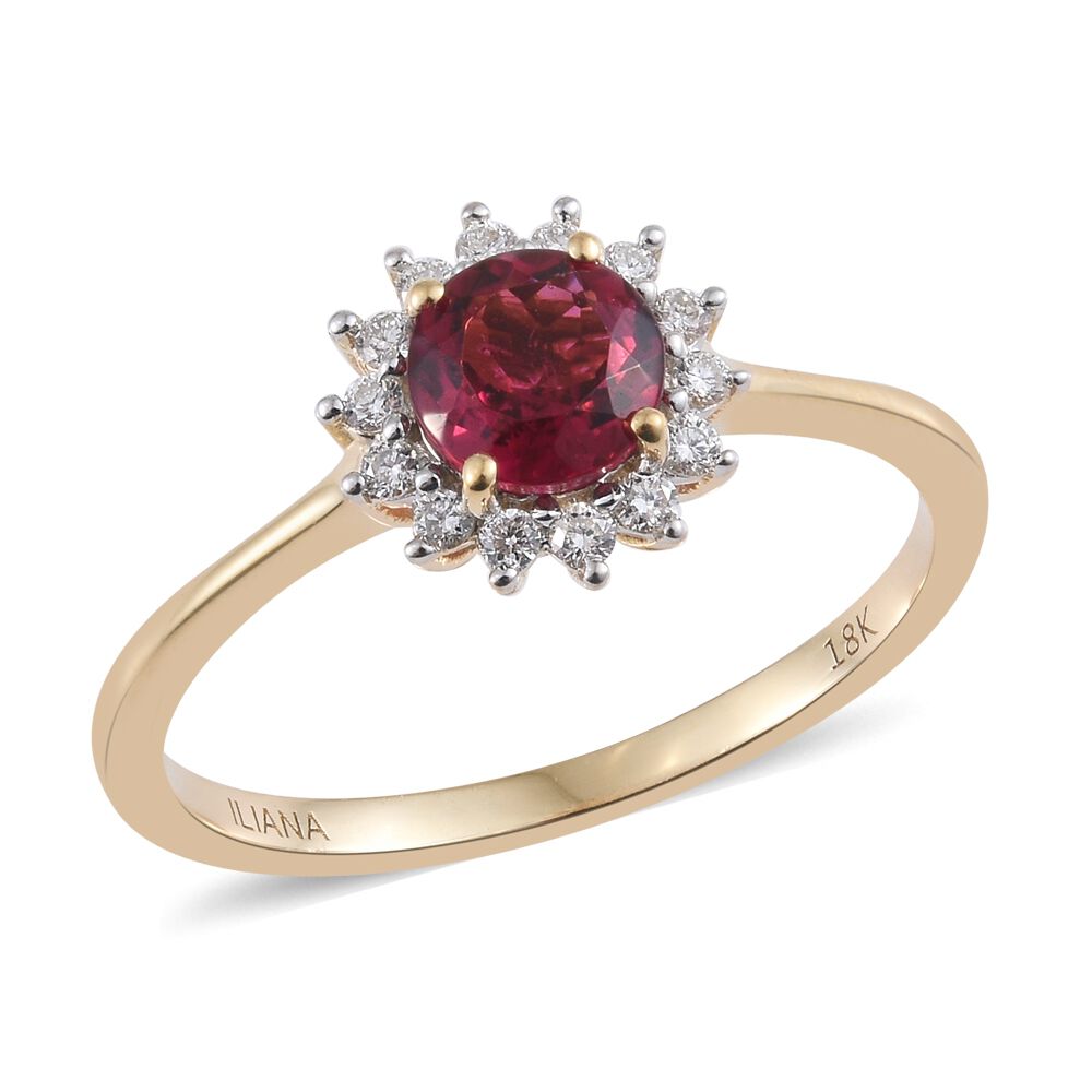 ILIANA 1 Carat AAA Ouro Fino Rubelite and Diamond Halo Ring in 18K Gold