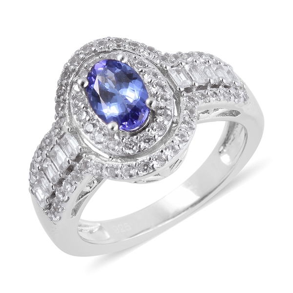 1.99 Ct Tanzanite and Zircon Double Halo Ring in Rhodium Plated Sterling Silver