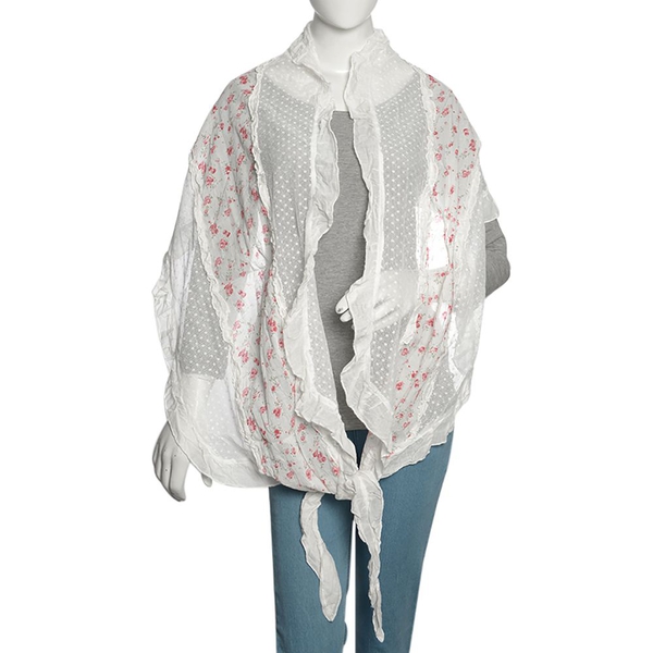 New Season 50% Cotton White, Pink and Multi Colour Floral Pattern Scarf with Hand Made Ruffle Border