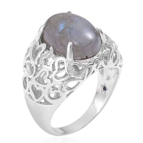 GP Labradorite (Ovl), Madagascar Blue Sapphire and Natural White Cambodian Zircon Ring in Rhodium Plated Sterling Silver 9.710 Ct.