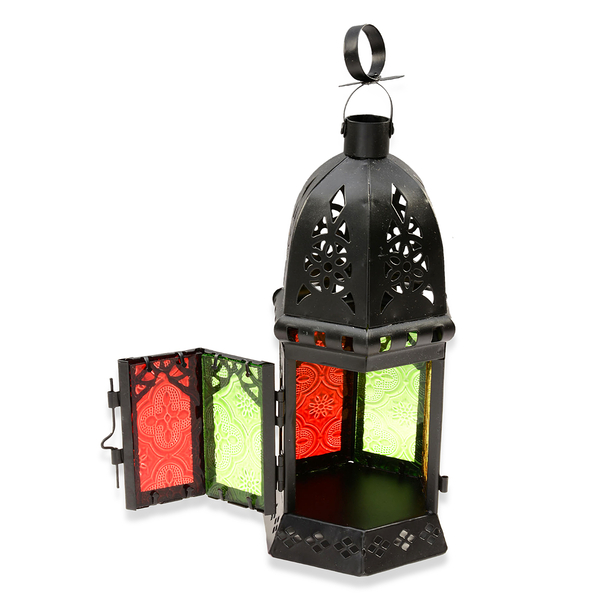 Cut Work Pattern Lantern with Multi Colour Glass (Size 14x21 Cm)