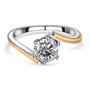 Moissanite Bypass Ring in Two Tone Platinum And Gold  Overlay Sterling Silver