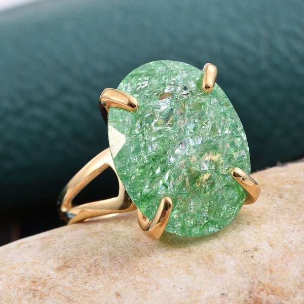Emerald Green Crackled Quartz (Ovl) Ring in 14K Gold Overlay Sterling Silver 16.500 Ct.
