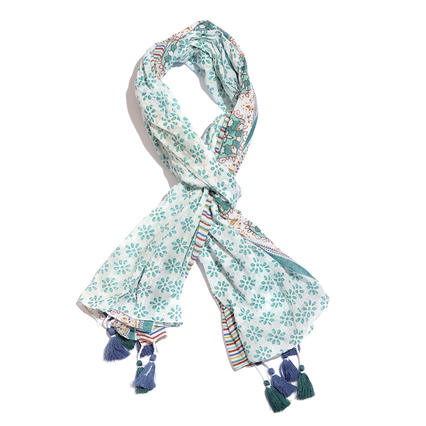 Designer Inspired - 100% Cotton Teal, White and Multi Colour Printed Scarf with Tassels (Size 200x18
