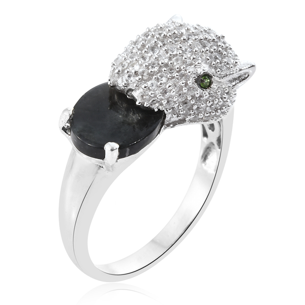 Natural Spectrolite (Ovl 2.08 Ct), Natural Cambodian Zircon and Chrome Diopside Leopard Ring in Platinum Overlay Sterling Silver 3.750 Ct. Silver wt 5.60 Gms. Number of Gemstone 133