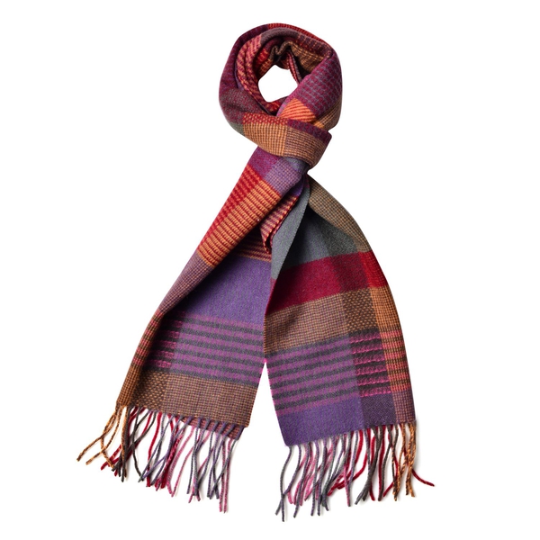 100% Wool Red, Purple and Multi Colour Checks Pattern Scarf with Tassels (Size 160x30 Cm)
