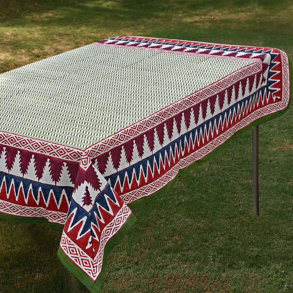 100% Cotton Green, Red and Multi Colour Hand Block Printed Table Cover (Size 235x150 Cm)
