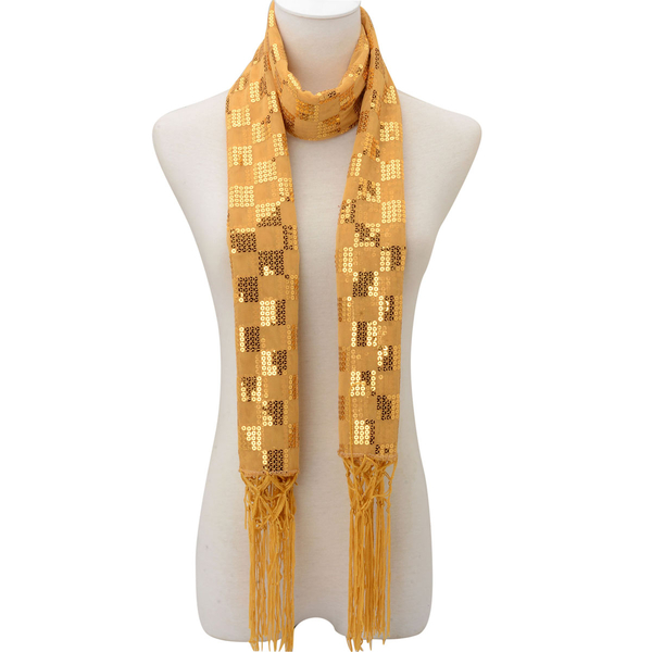 Gold Colour Check Pattern Sequin Scarf (Size 55x160 Cm)
