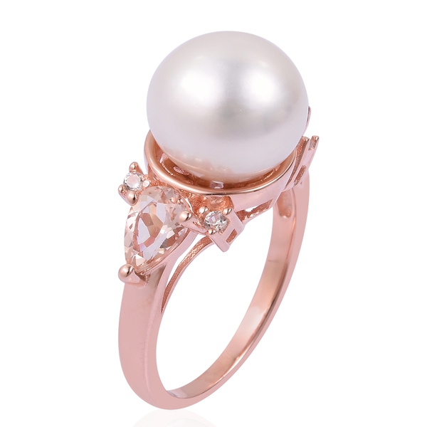 Collectors Edition- Very Rare Size Edison Pearl (Rnd 13-14mm), Marropino Morganite and Natural White Cambodian Zircon Ring in Rose Gold Overlay Sterling Silver
