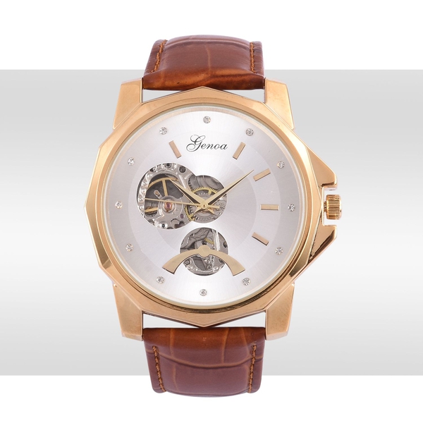 GENOA Automatic Skeleton White Dial Water Resistant Watch in ION Plated Yellow Gold with Stainless Steel Back and Chocolate Leather Strap