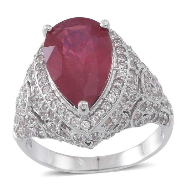 African Ruby (Pear 5.75 Ct), Ruby and Natural Cambodian White Zircon Ring in Rhodium Plated Sterling