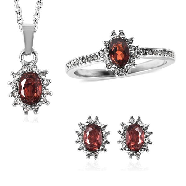 3 Piece Set - Mozambique Garnet and White Austrian Crystal Ring, Earrings (with Push Back) & Pendant