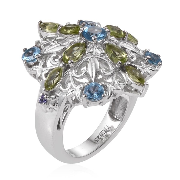 Stefy Electric Swiss Blue Topaz (Rnd), Hebei Peridot, Tanzanite and Pink Sapphire Ring in Platinum Overlay Sterling Silver 2.500 Ct.