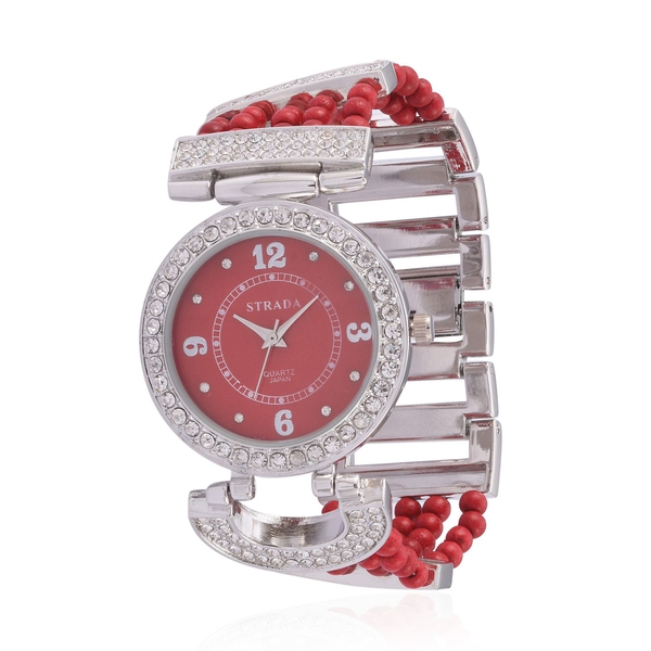STRADA Japanese Movement Red Howlite and Austrian Crystal Studded Watch