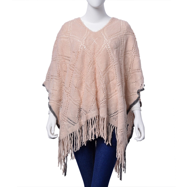 Designer Inspired Light Pink and Grey Colour Diamond and Floral Pattern Poncho with Tassels (Size 90
